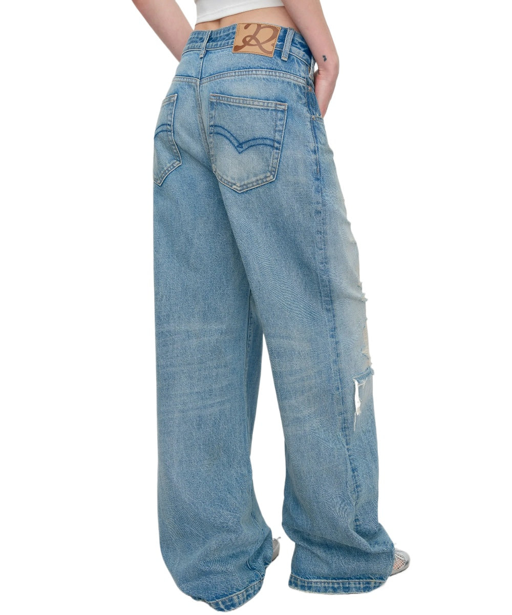 Light Blue Ripped Low-Rise Jeans - CHINASQUAD