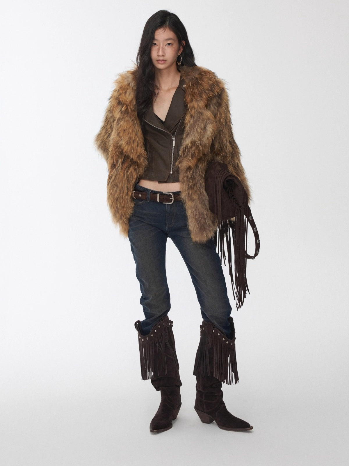 Raccoon Fur Oversized Lapel Woven Coat