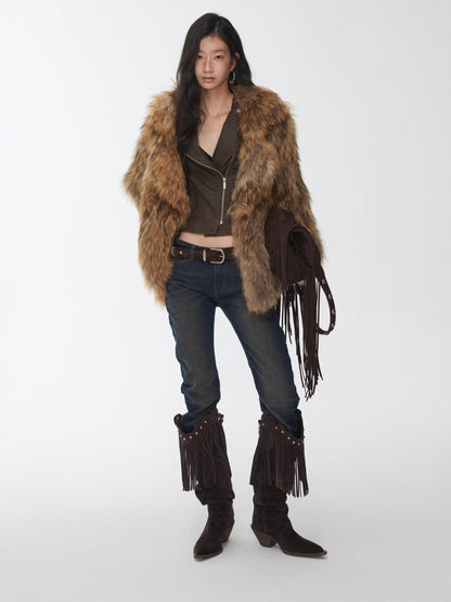 Raccoon Fur Oversized Lapel Woven Coat