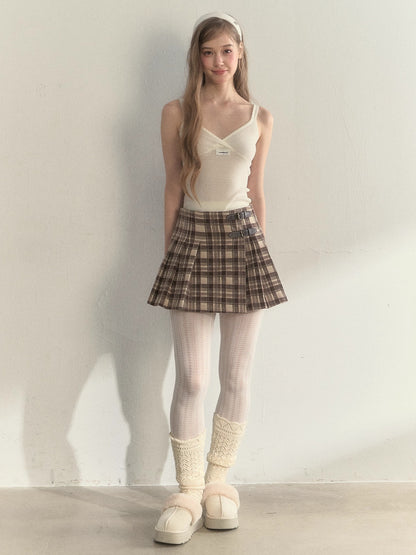 Vintage Plaid Wool Leather Buckle Pleated Skirt