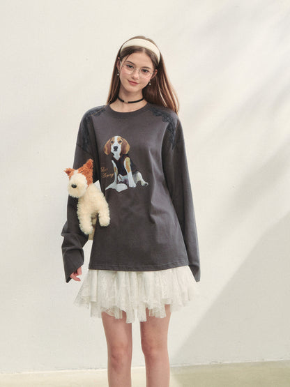 Lace Panel Dog Print Crew Neck Tee - CHINASQUAD