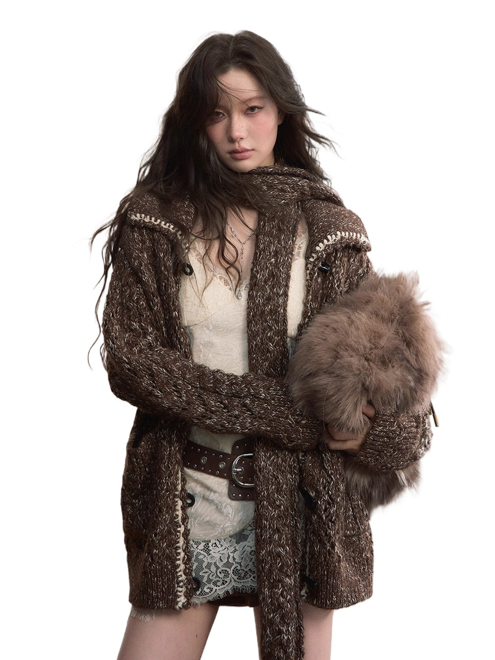 Heavy-Knit Toggle Wool-Blend Cardigan with Matching Scarf