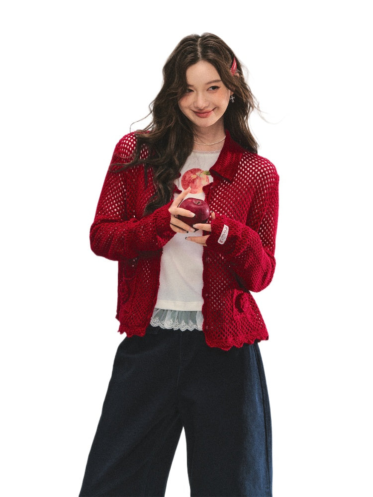 Hollow-out 3D Flower Crochet Lapel Cardigan - CHINASQUAD