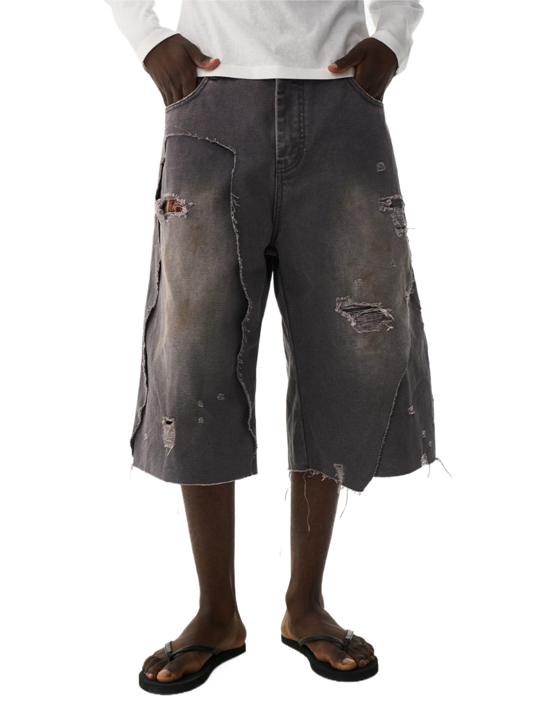 Distressed Double-Layer Washed Grey Shorts