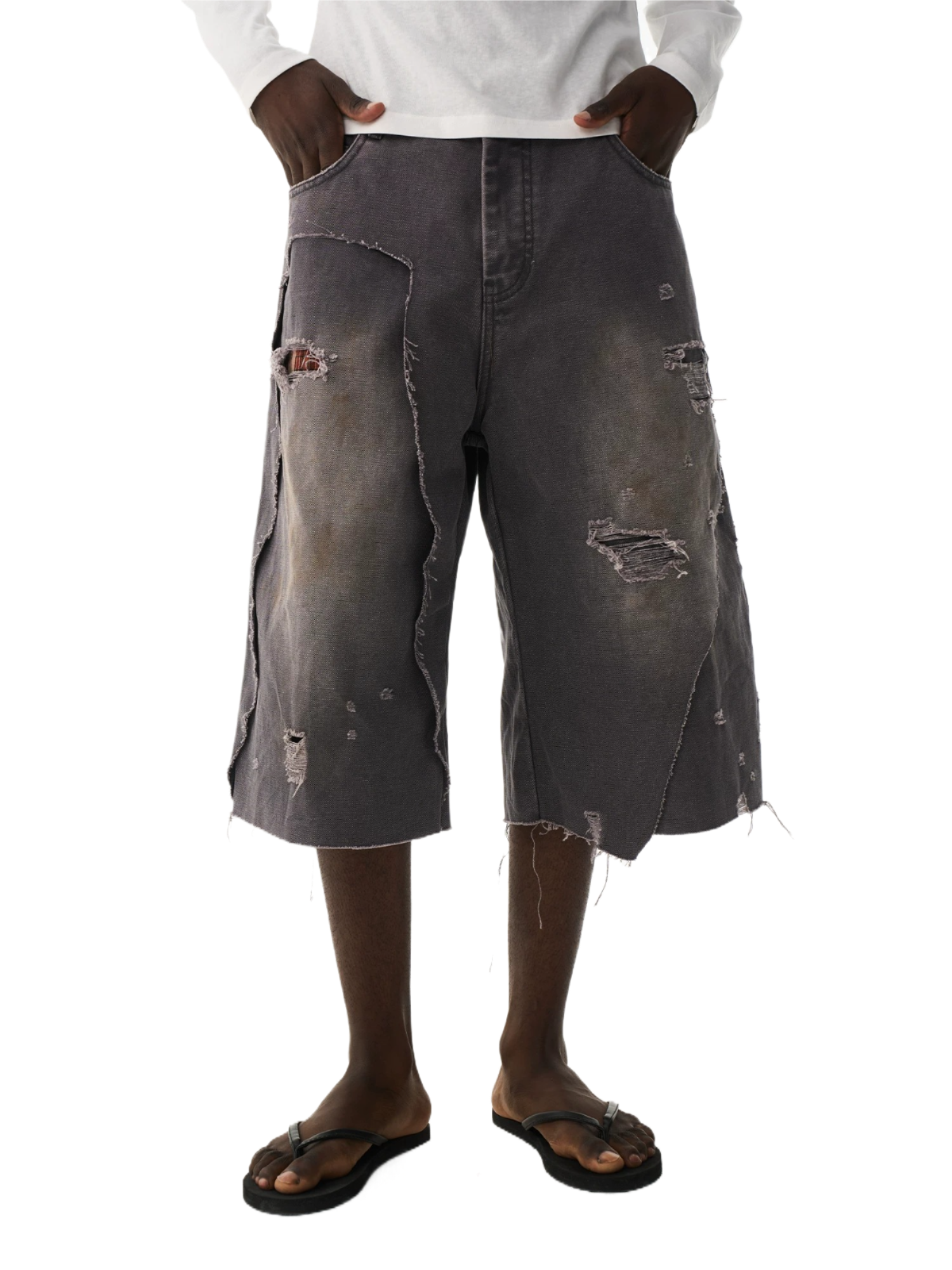 Distressed Double-Layer Washed Grey Shorts