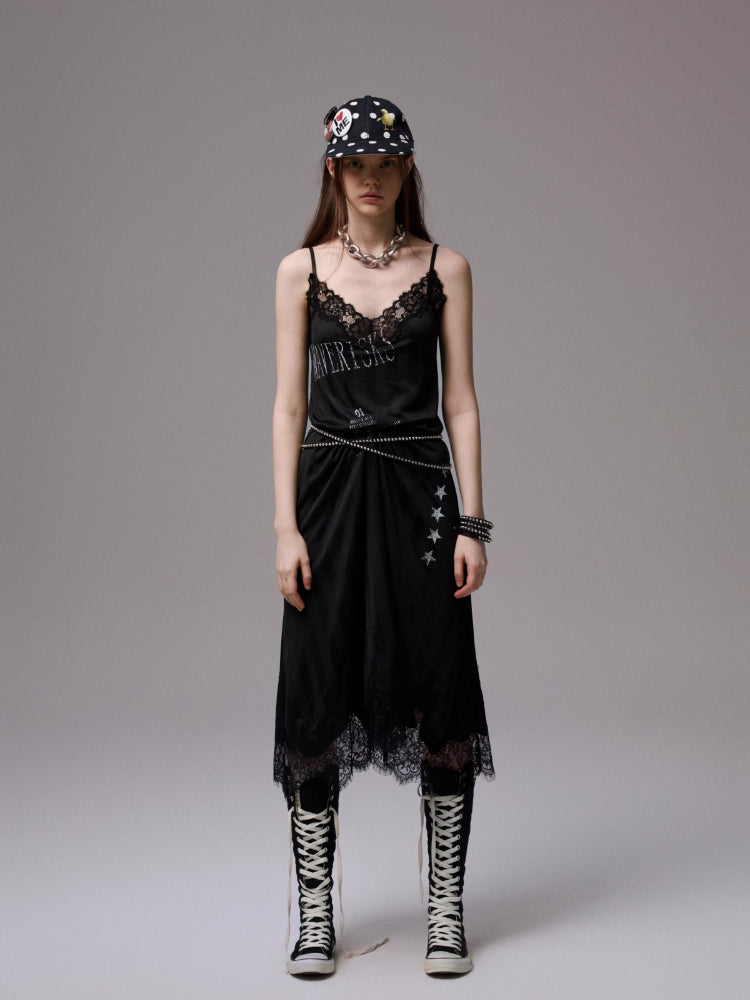 Letter-printed Spliced Lace Camisole Dress