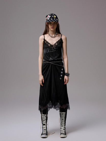 Letter-printed Spliced Lace Camisole Dress