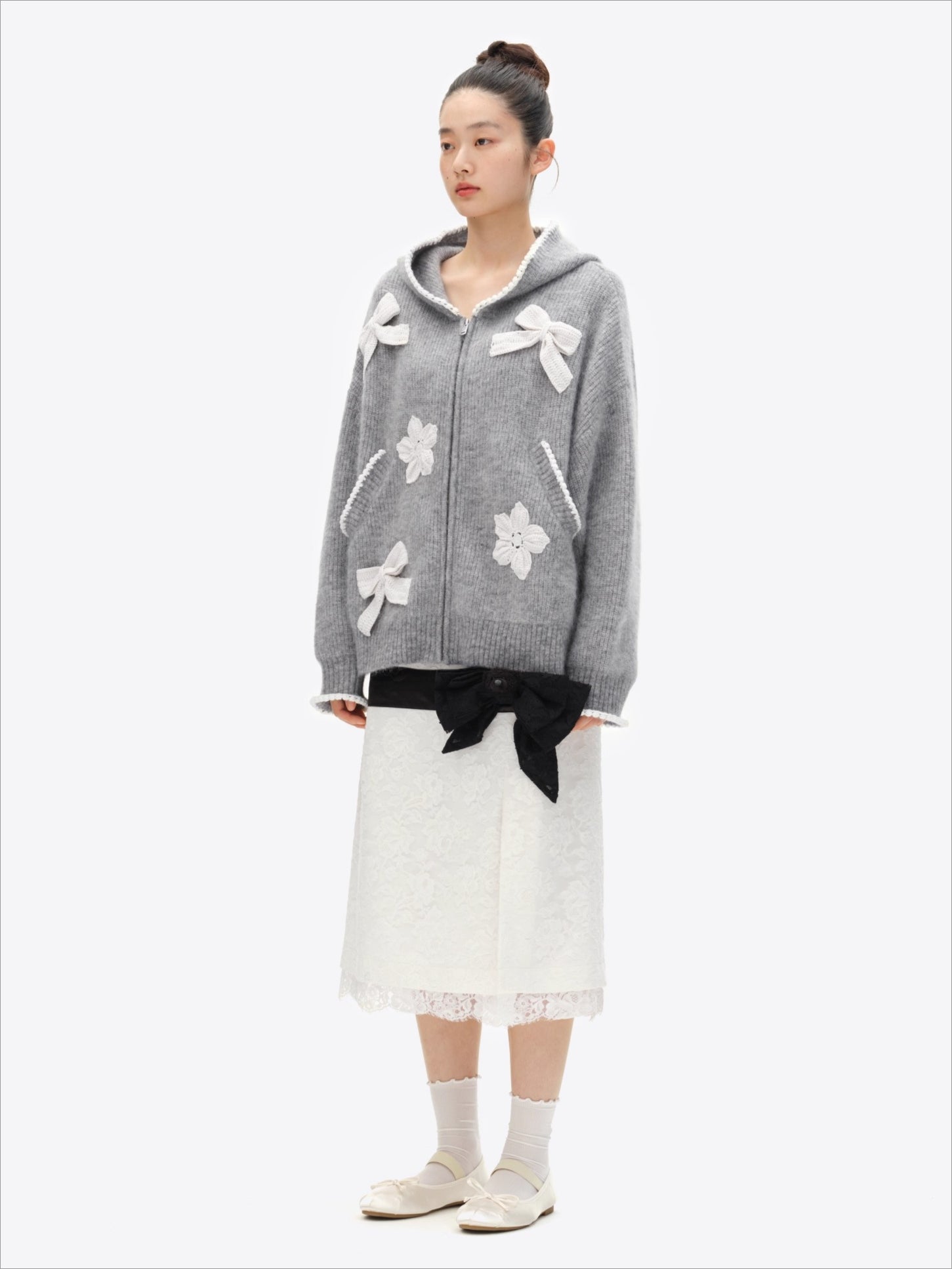 Crochet-Trim Knit Hoodie