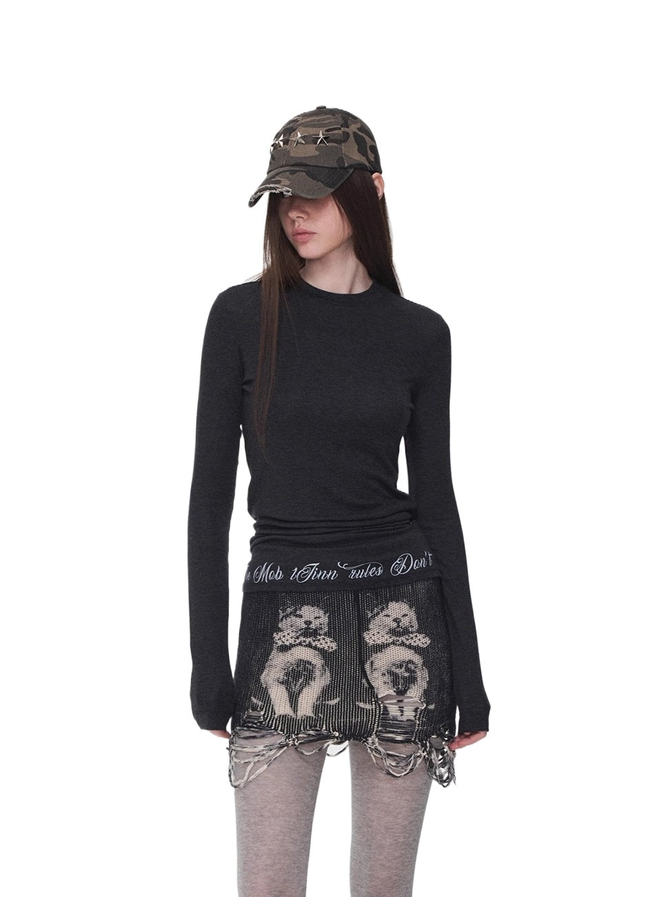 Basic Round-Neck Letter Print Semi-Sheer T-Shirt