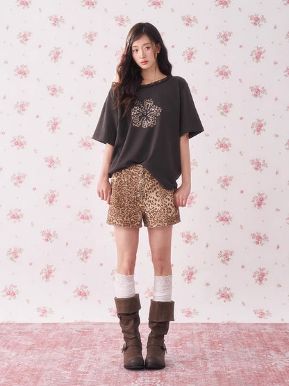 Vintage Leopard Low-Rise Denim Shorts
