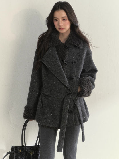 Deep Grey &amp; Brown Wool Blend Fleece-Collar Coat