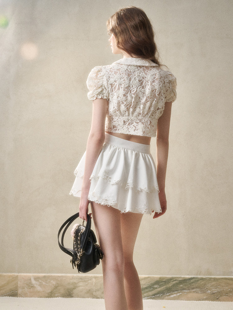 Flower Embroidered Lace Waist Skirt