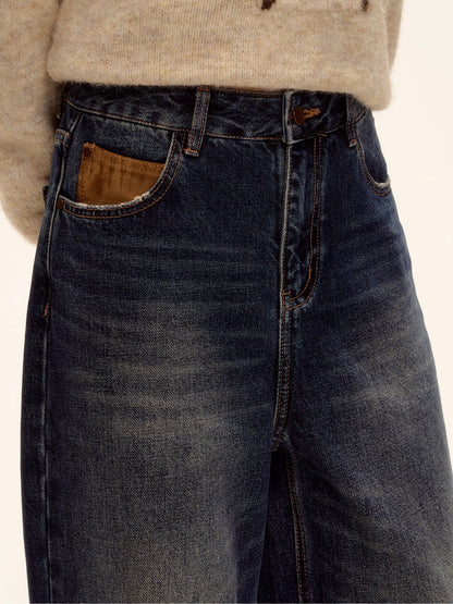 Suede-Panel Washed Denim Wide-Leg Jeans