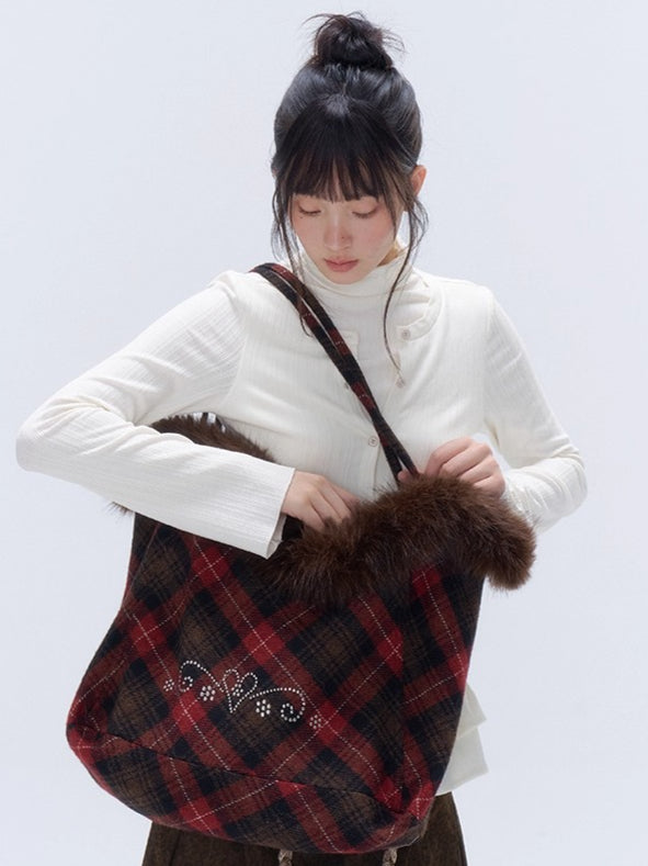 Plaid Wool-Blend Large Tote Bag