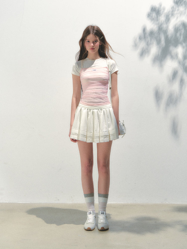 Contrast Color Fake Two-piece Mesh Lace Short-sleeve T-shirt - CHINASQUAD