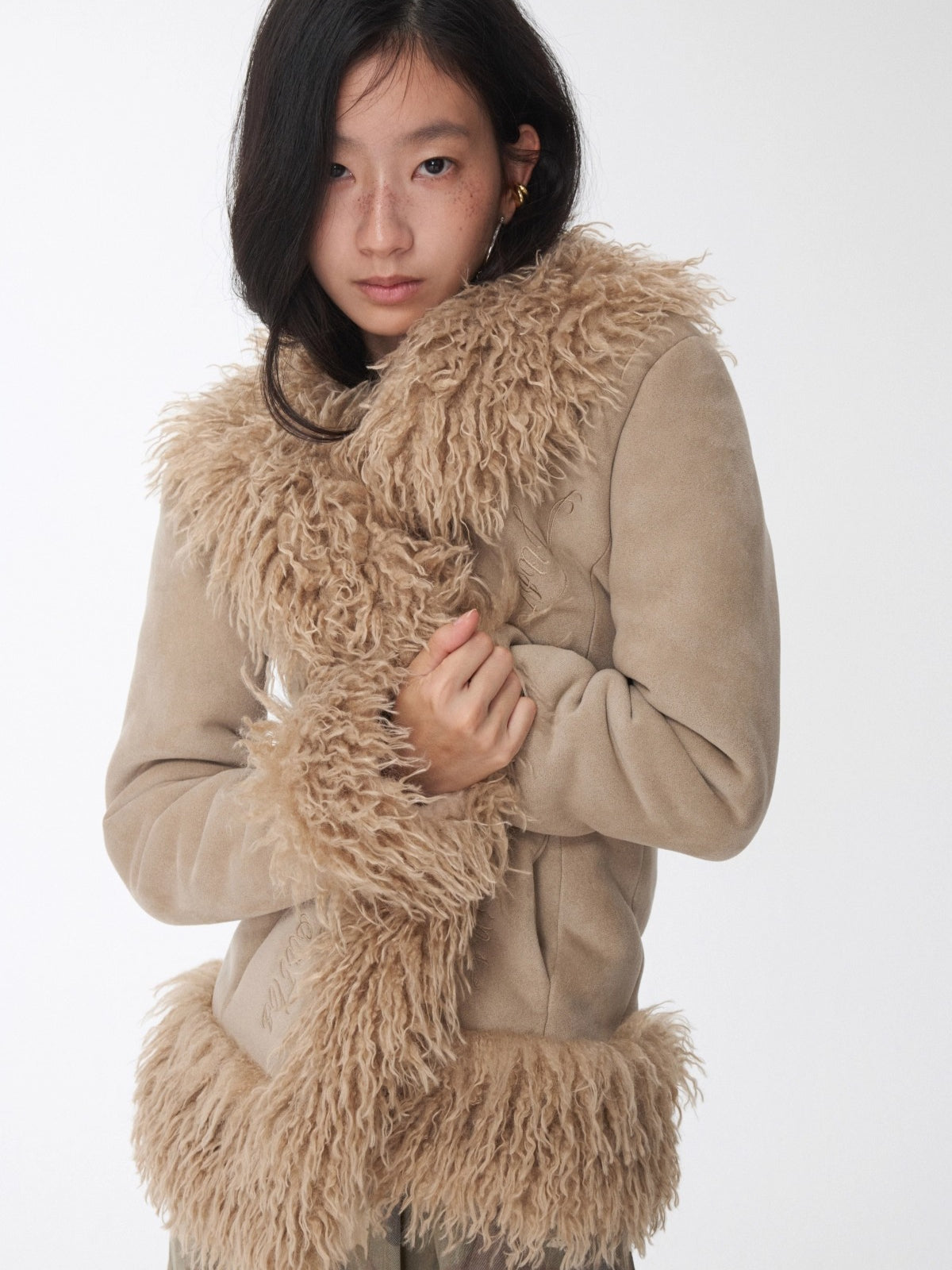 Suede Shearling Embroidered Panel Jacket