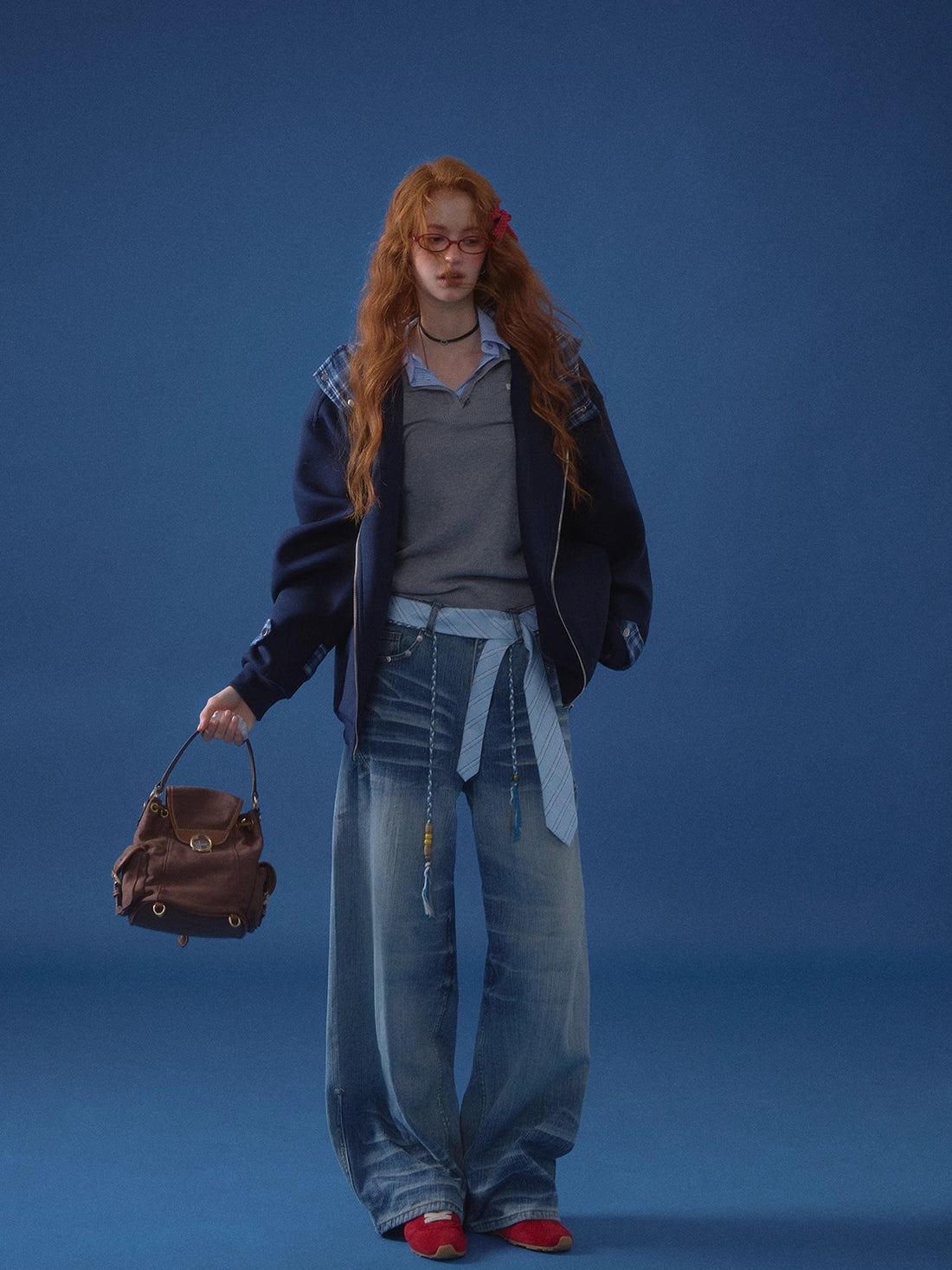 Beaded Tie-Waist Washed Denim Pants