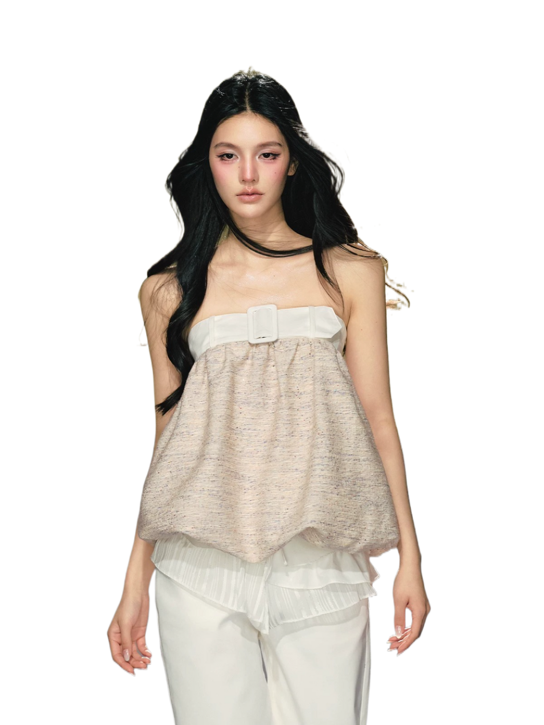 Textured Tweed Bubble-Hem Bandeau Top
