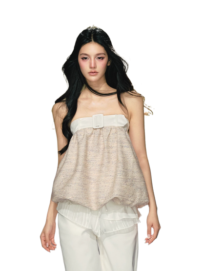 Textured Tweed Bubble-Hem Bandeau Top