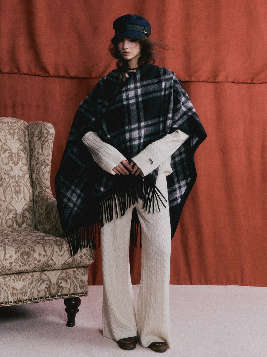 Vintage Plaid Tassel Cape Scarf