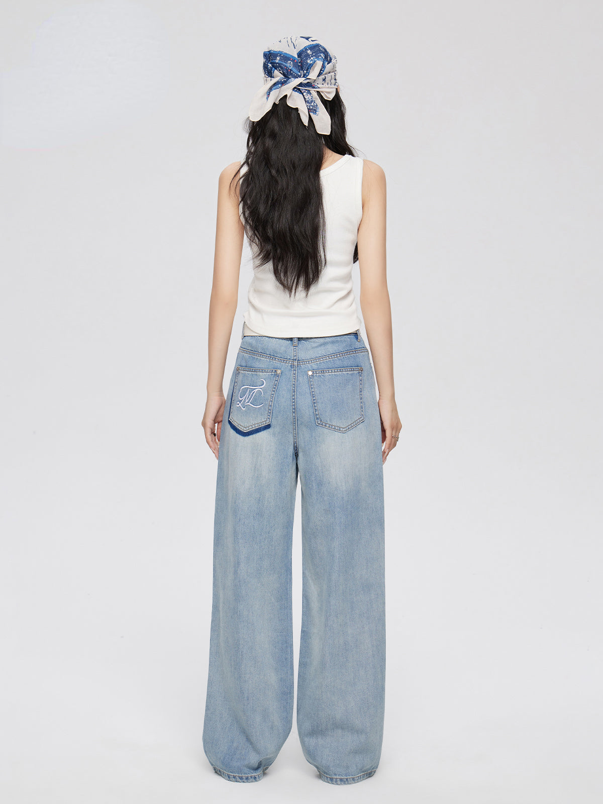 Blue Lyocell Tencel Jeans Wide-Leg Pants