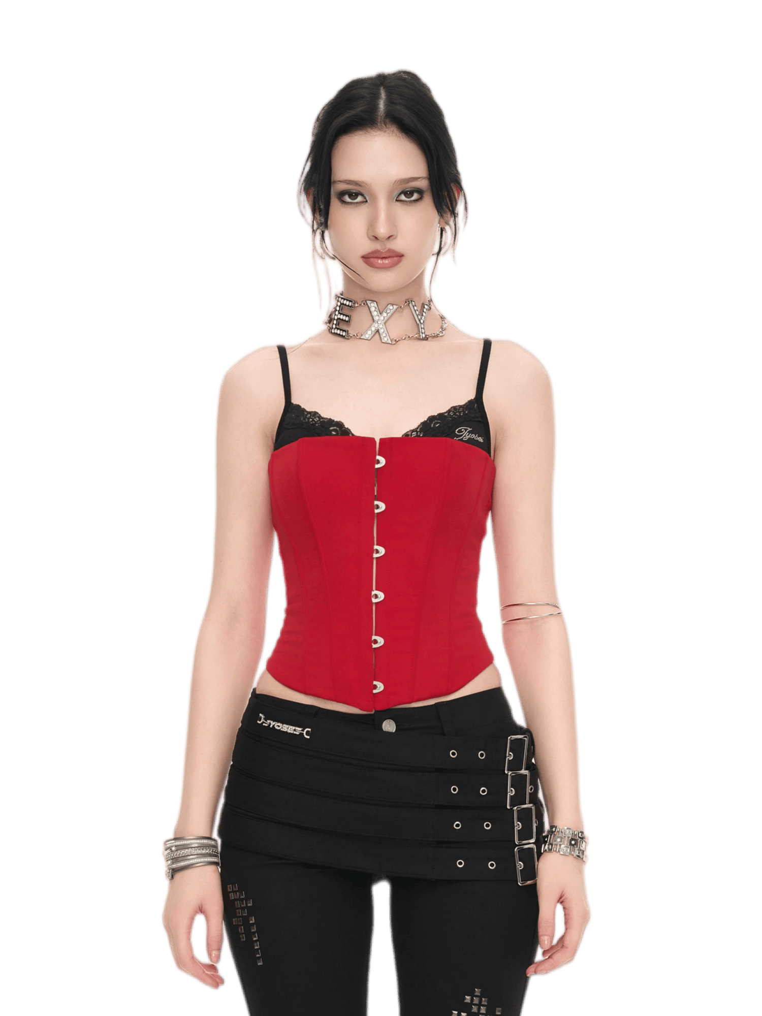 Crimson Lace Panel Hook Corset Camisole Top