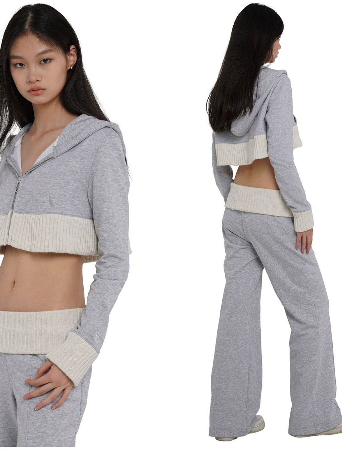 Gray Patchwork Cropped Hoodie