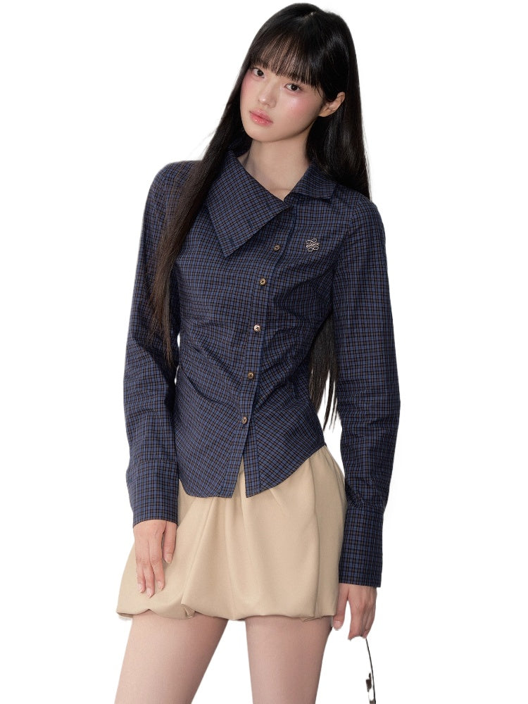 Navy Blue Asymmetric Collar Checked Shirt