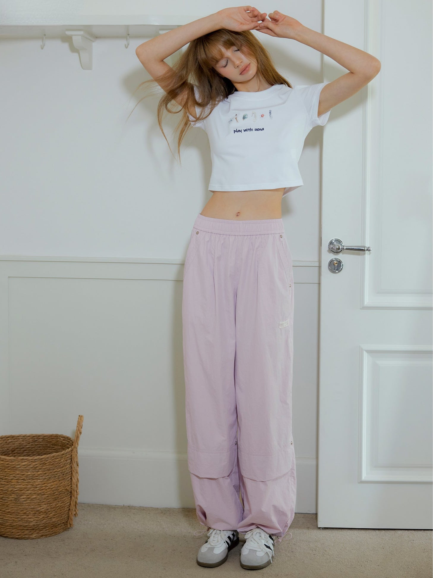 White &amp; Pinkish-purple Drawstring Wide-leg Pants