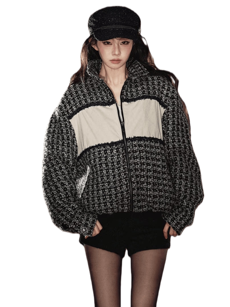 Wool-Blend Colorblock Stand Collar Padded Jacket