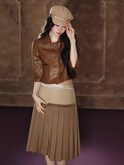 A-Line Skirt &amp; Cropped Sleeve PU Jacket Set