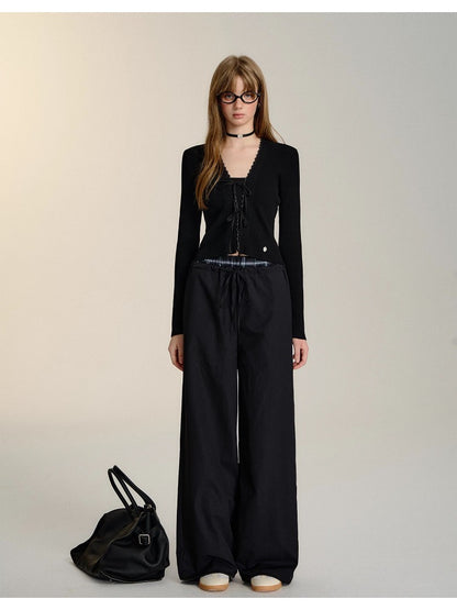 Black &amp; Brown Drawstring Wide-Leg Pants