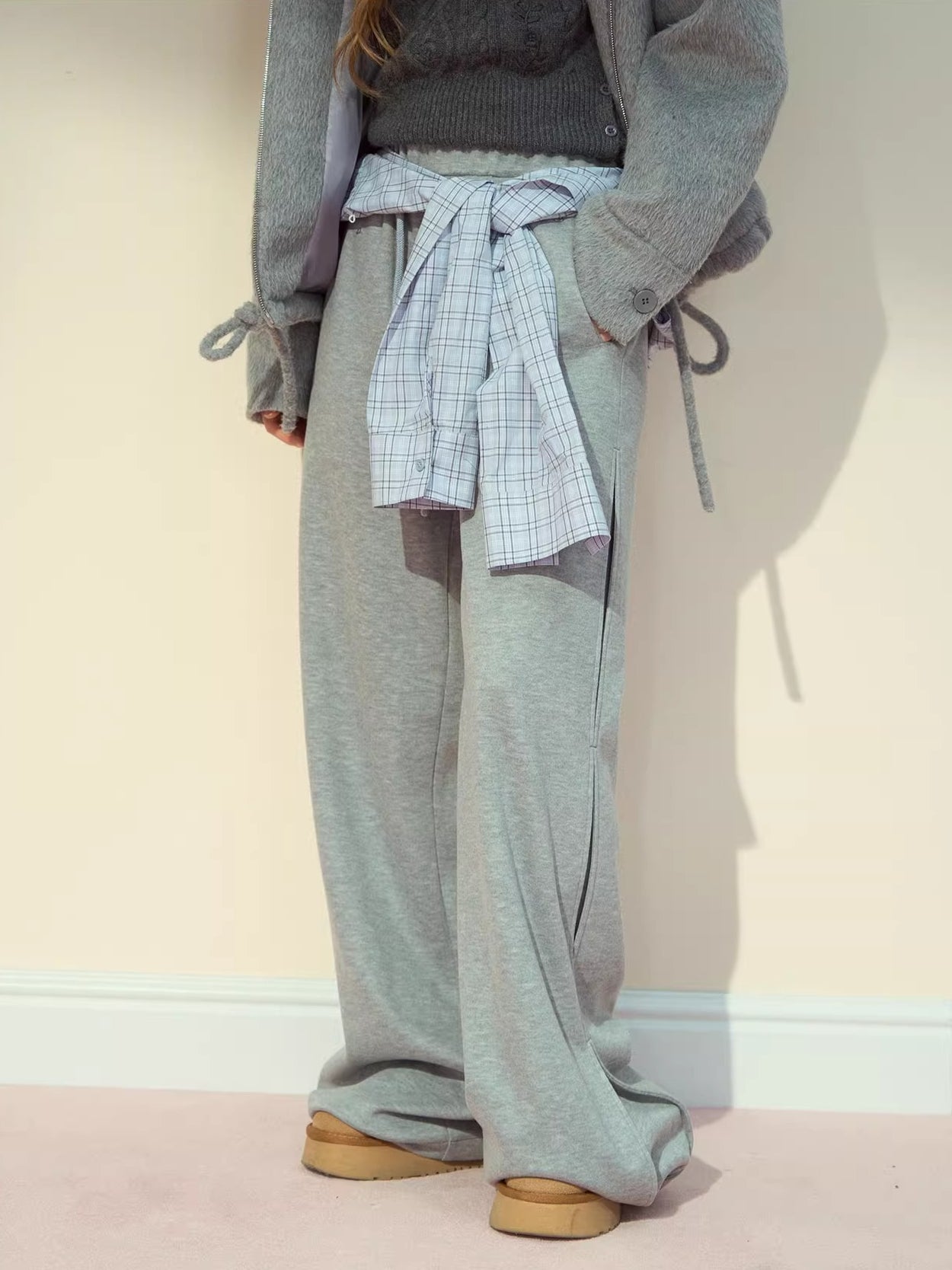 Plaid-Waist Straight Wool Trousers