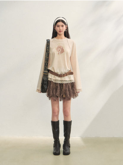 Lace Panel Animal Print Long-Sleeve Tee - CHINASQUAD