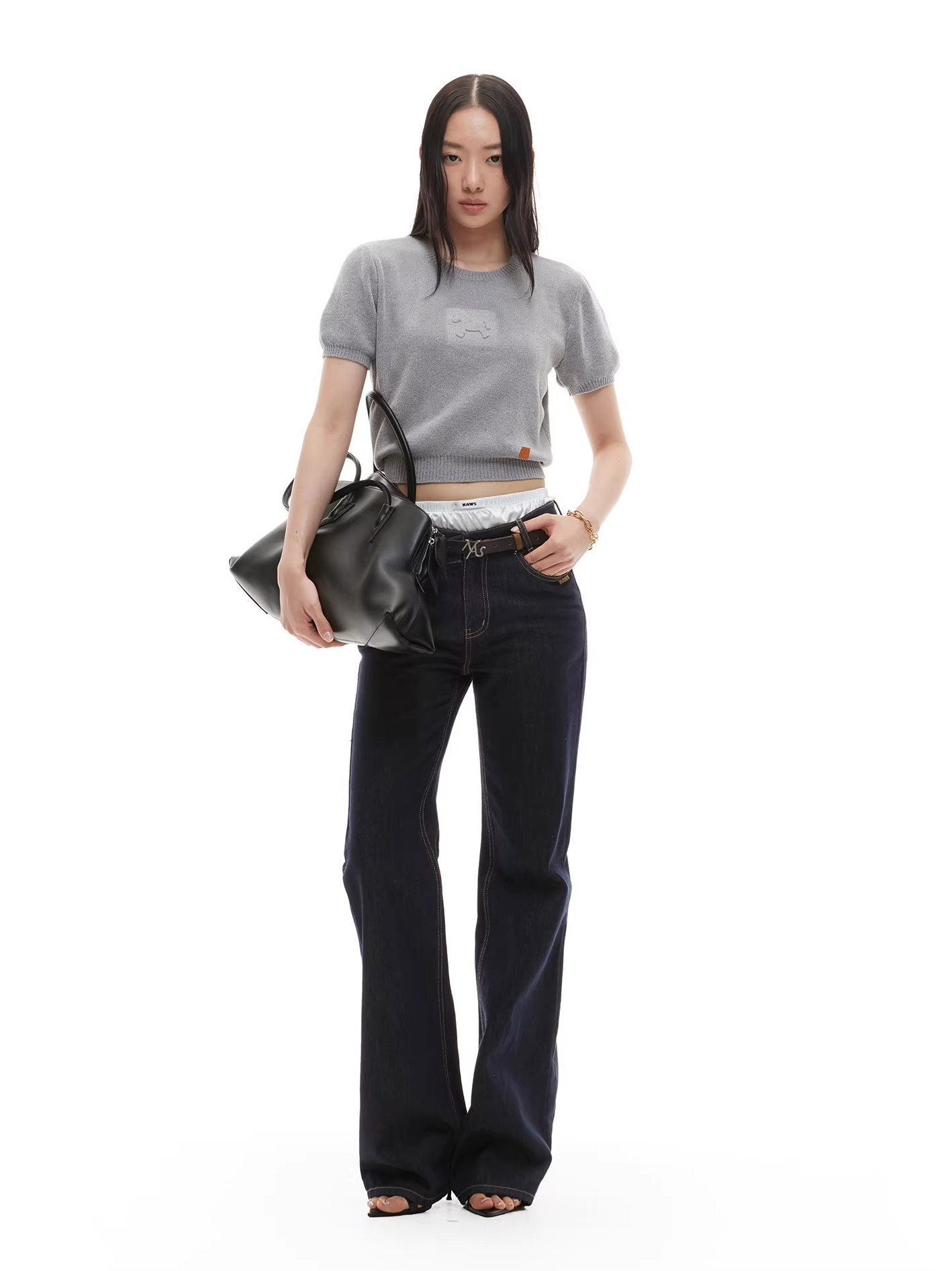 Embossed Logo Cropped Knit Tee