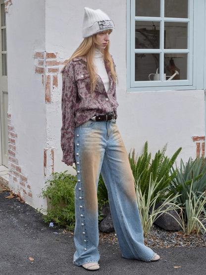 Washed Plaid Frayed-Edge Fitted Shirt