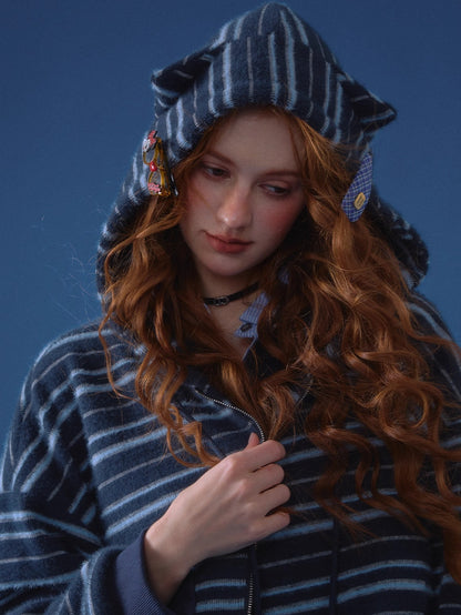 Striped Plush Cat-Ear Zip-up Hoodie