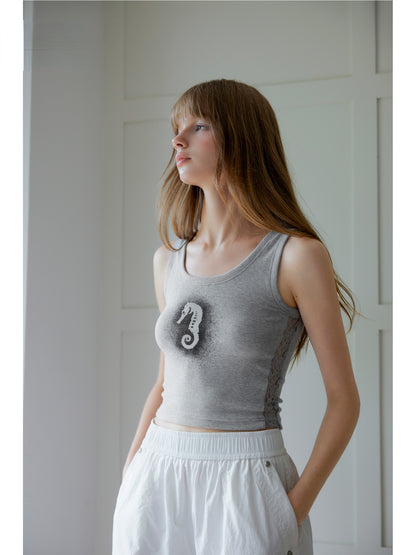 Gray Lace Hollow-out Halterneck Tank Top