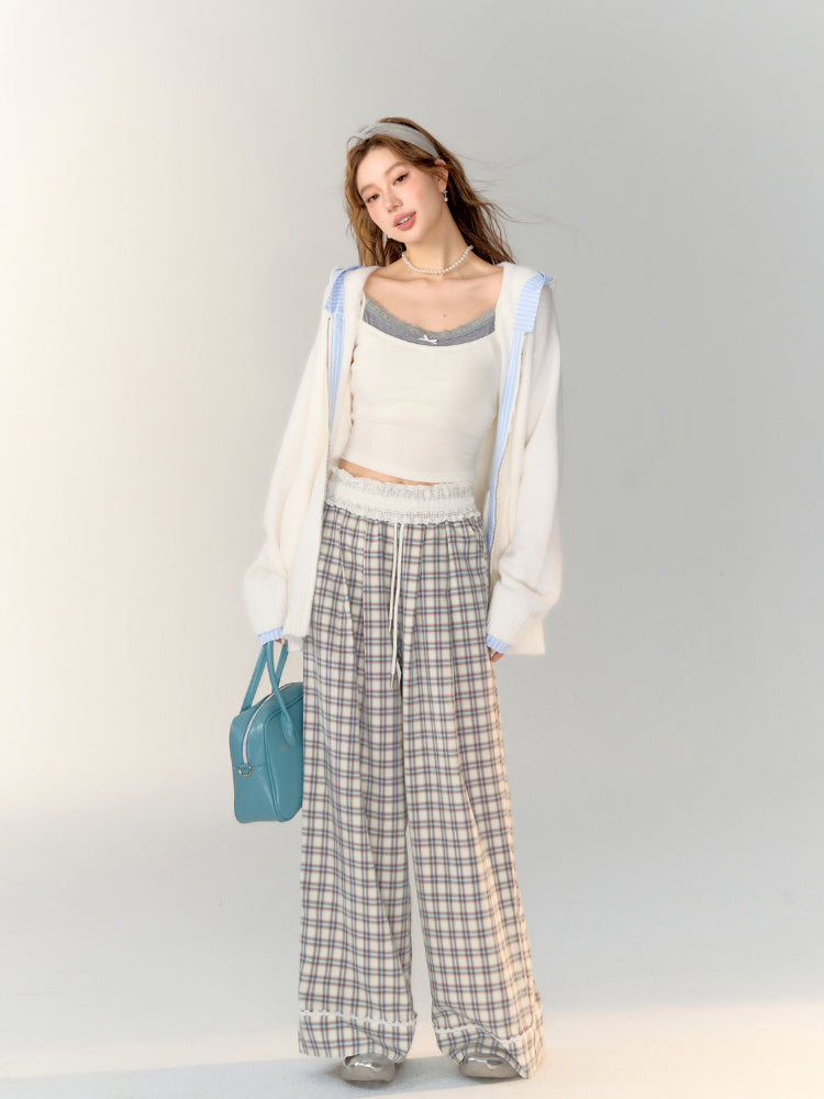 Lace-Trimmed Plaid Wide-Legged Pants