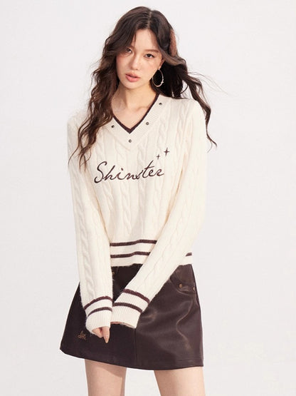 Layered-Effect Embroidered Knit V-Neck Sweater