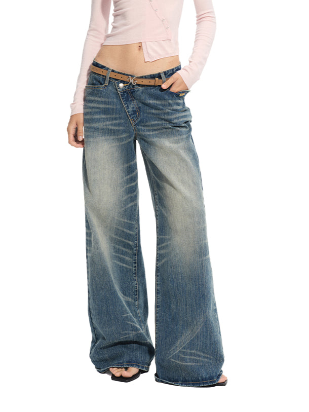Washed Denim Low-waist Wide-leg Pants - CHINASQUAD