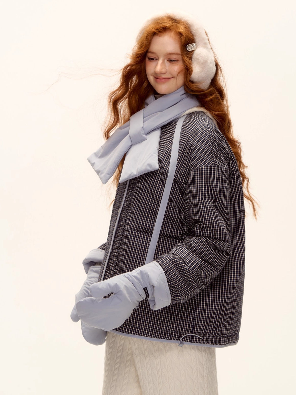 Vintage Blue Plaid Reversible Padded Jacket Set