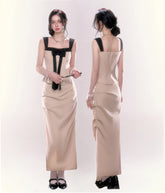 Bow Tie Spaghetti Strap Top & Side Slit Long Skirt Set - CHINASQUAD