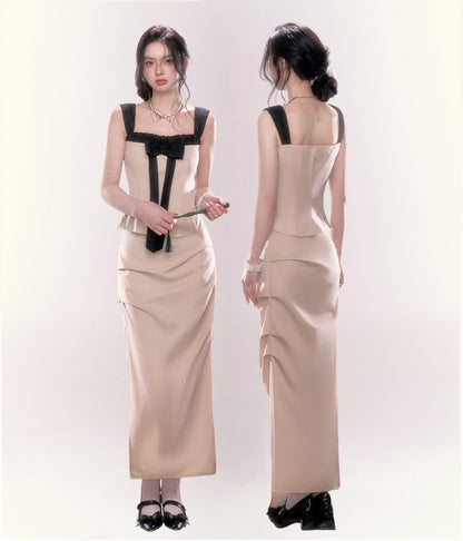 Bow Tie Spaghetti Strap Top &amp; Side Slit Long Skirt Set - CHINASQUAD