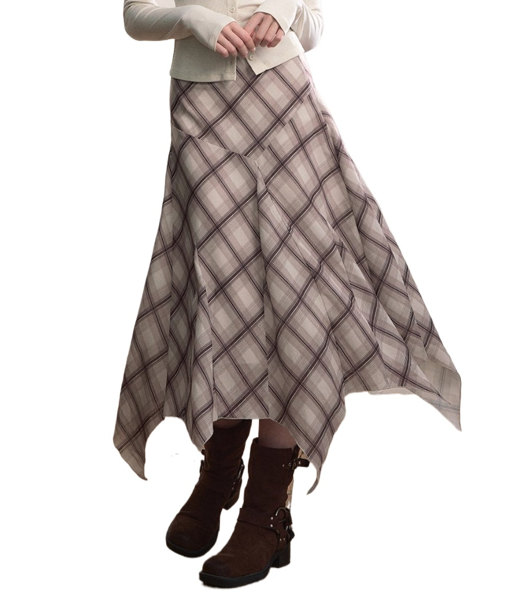 Irregular Hem Plaid Midi Skirt
