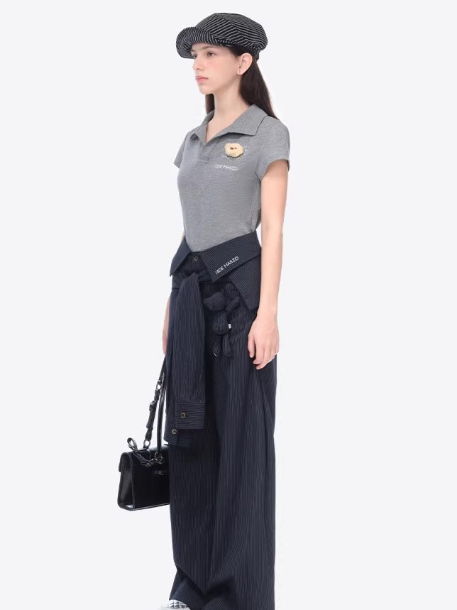 Rhinestone-Embellished Slim-Fit Cropped Polo T-Shirt