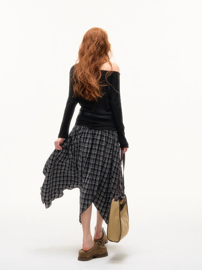 Off-Shoulder Pearl-Button Long-Sleeve T-Shirt
