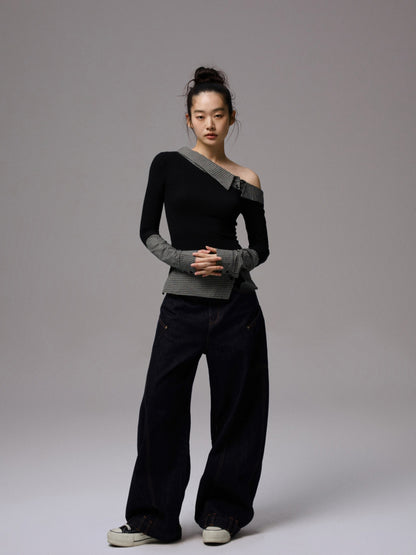Double Waistband Raw Denim Wide-Leg Jeans - CHINASQUAD