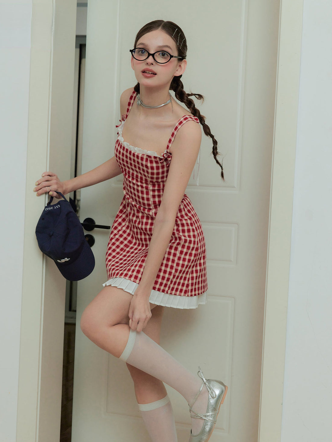 Red and White Plaid Gathered Waist Dress