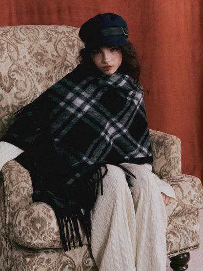 Vintage Plaid Tassel Cape Scarf